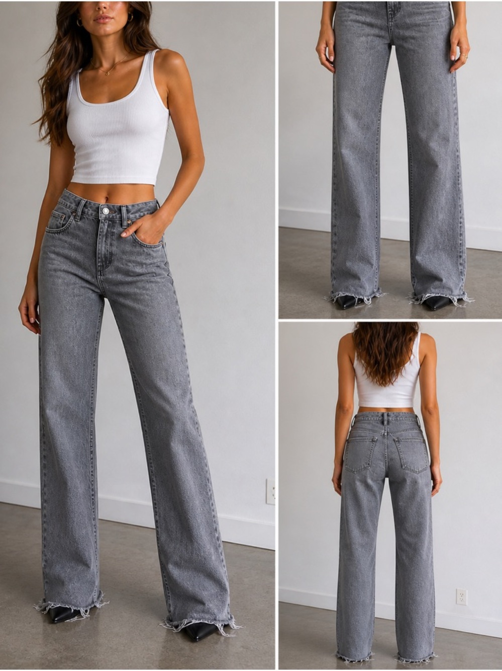 Zara Gray High-Rise Flare Jeans with Frayed Hem